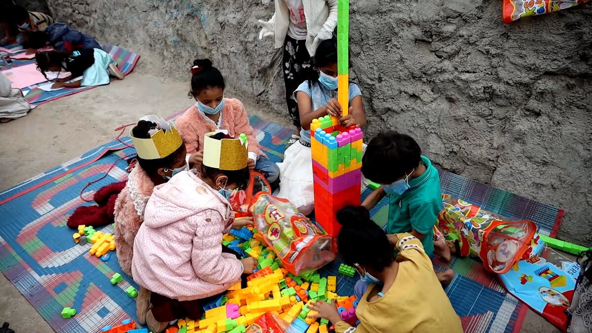  Children playing with blocks at the social centre Taiz, Yemen