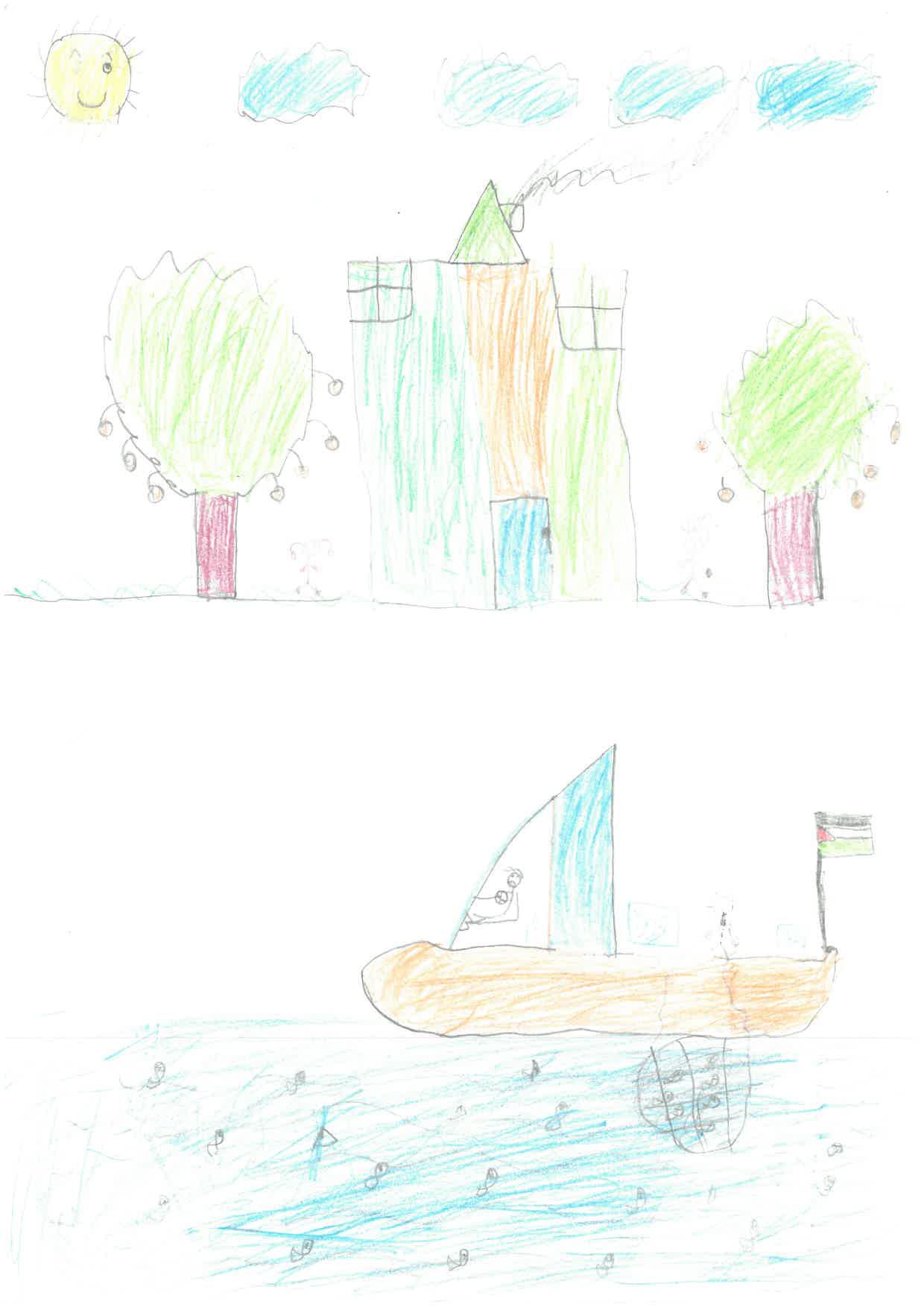 Drawing by a child in Gaza with a boat with a Palestinian flag