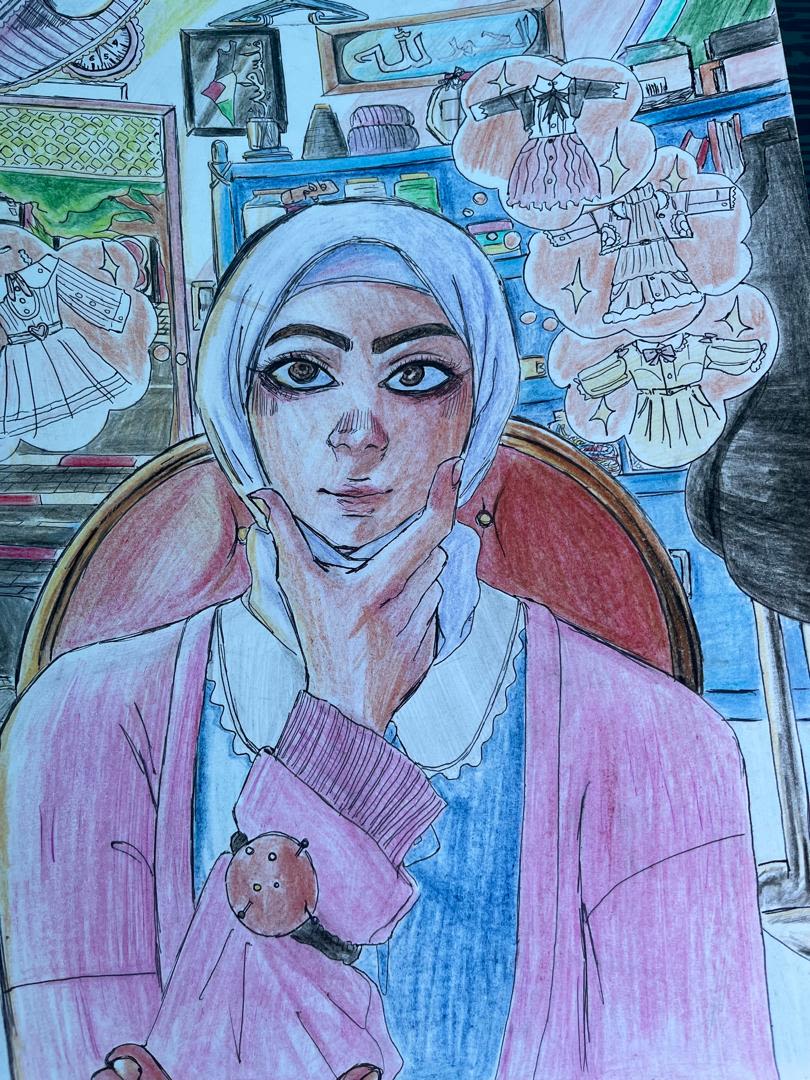 Drawing by a child in Gaza showing a girl thinking of all the clothes she could create while sat in a colourful house