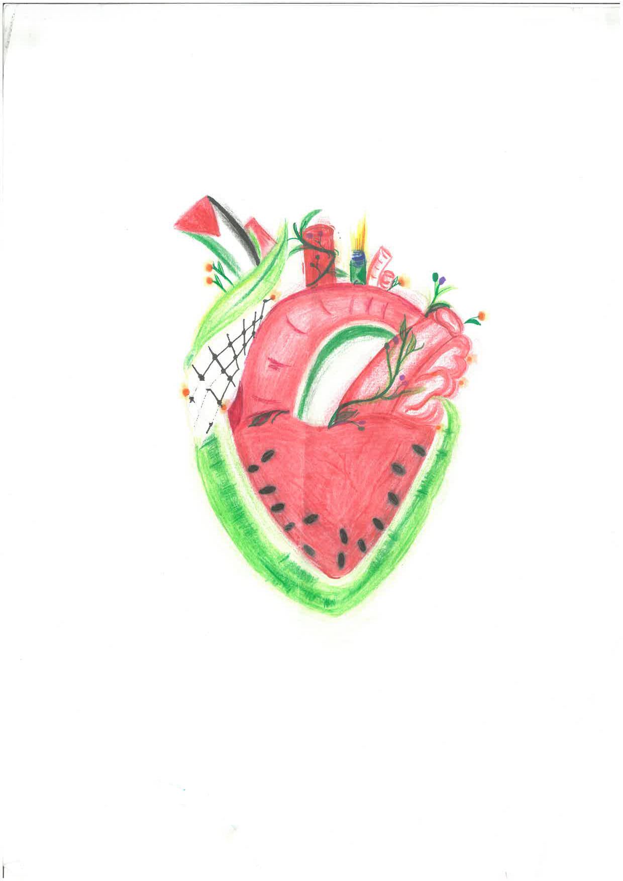 Drawing by a child in Gaza which shows things these associate with Palestine in the shape of a watermelon heart and using the Palestinian flag colours
