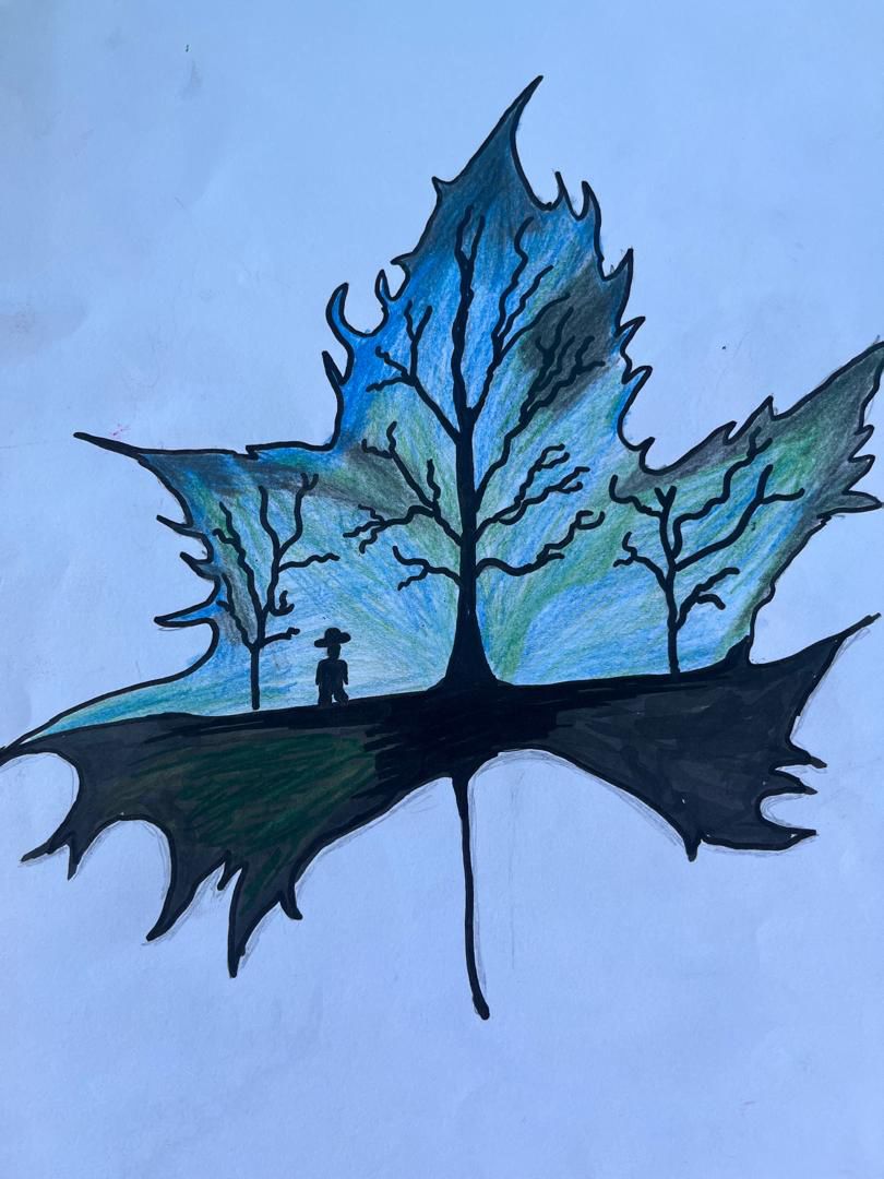 Drawing by a child in Gaza showing a lead with dark trees inside and one man