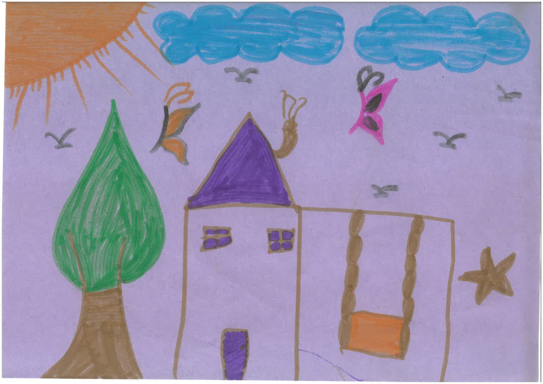 Drawing by a child in Gaza showing a colourful home with butterflies and stars
