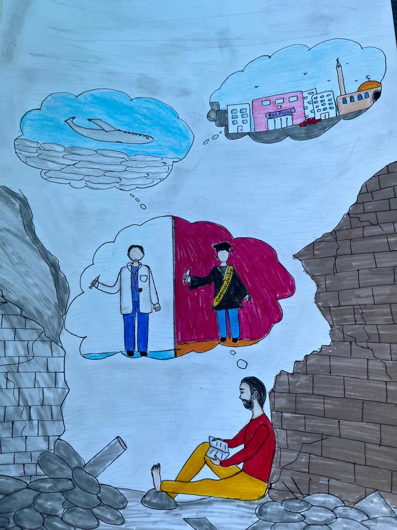 Drawing by a child in Gaza shows a man sat amongst the destruction dreaming of higher education and becoming a doctor