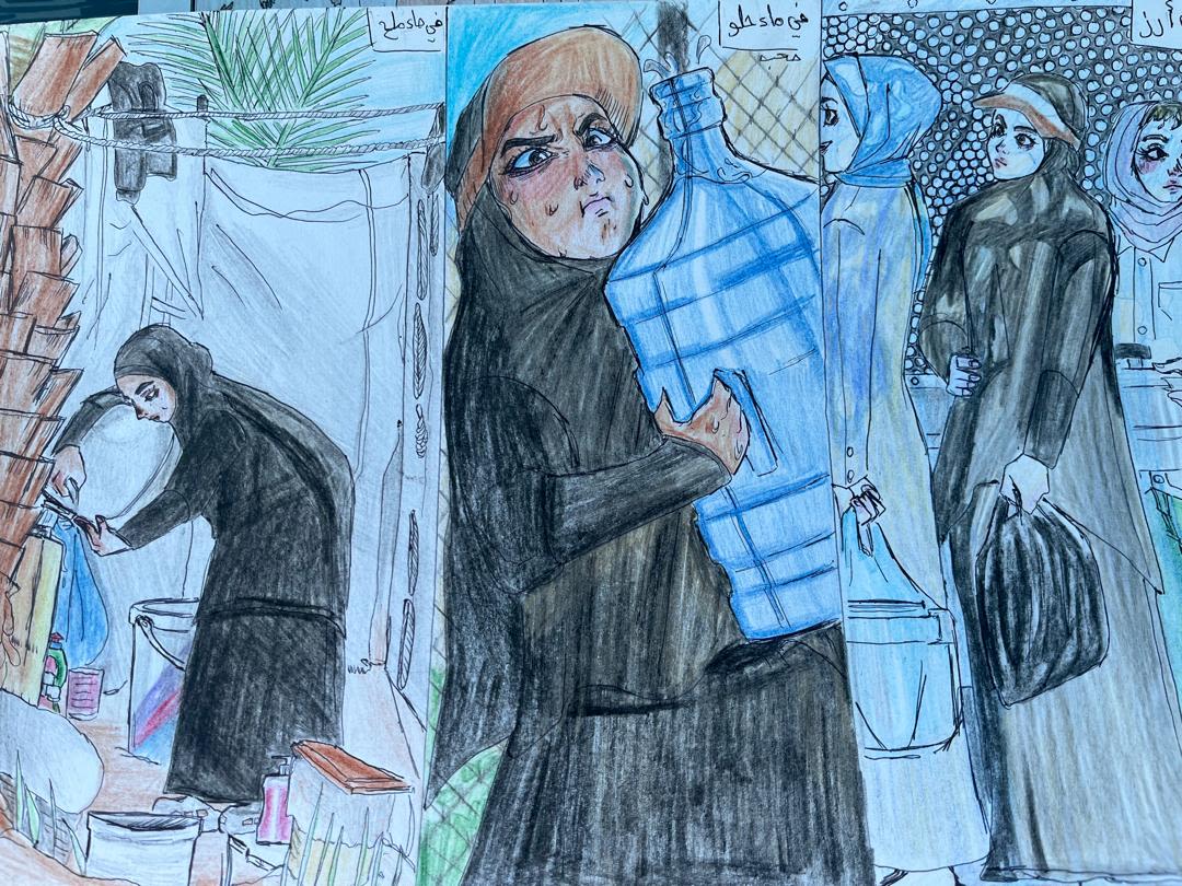 Drawing by a child in Gaza of someone carrying and waiting for water