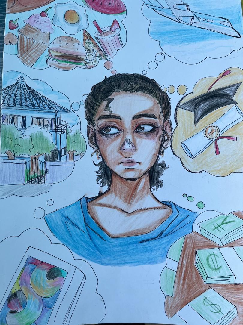 Drawing by a child in Gaza showing a girls face and bubbles of their hopes and dreams around her