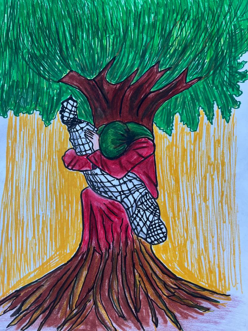 Drawing by a child in Gaza showing someone hugging the body of a loved one by a tree