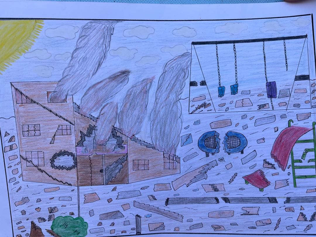 Drawing by a child in Gaza showing destruction