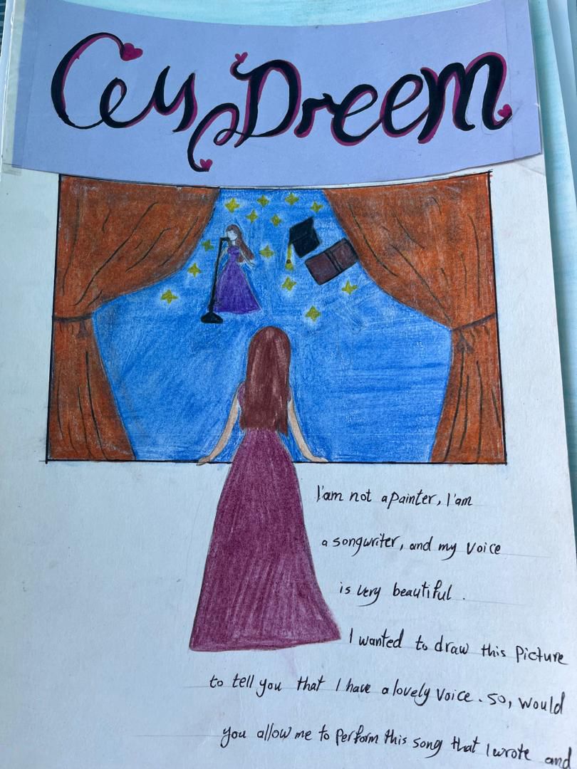 Drawing by a child in Gaza showing a girl looking out at a stage with a poem talking about wanting to tell the world that she can sing