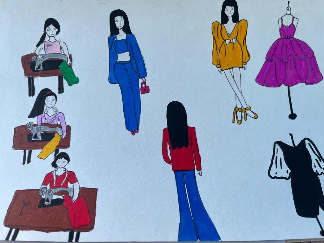 Drawing by a child in Gaza showing women designing clothes and doing the catwalk