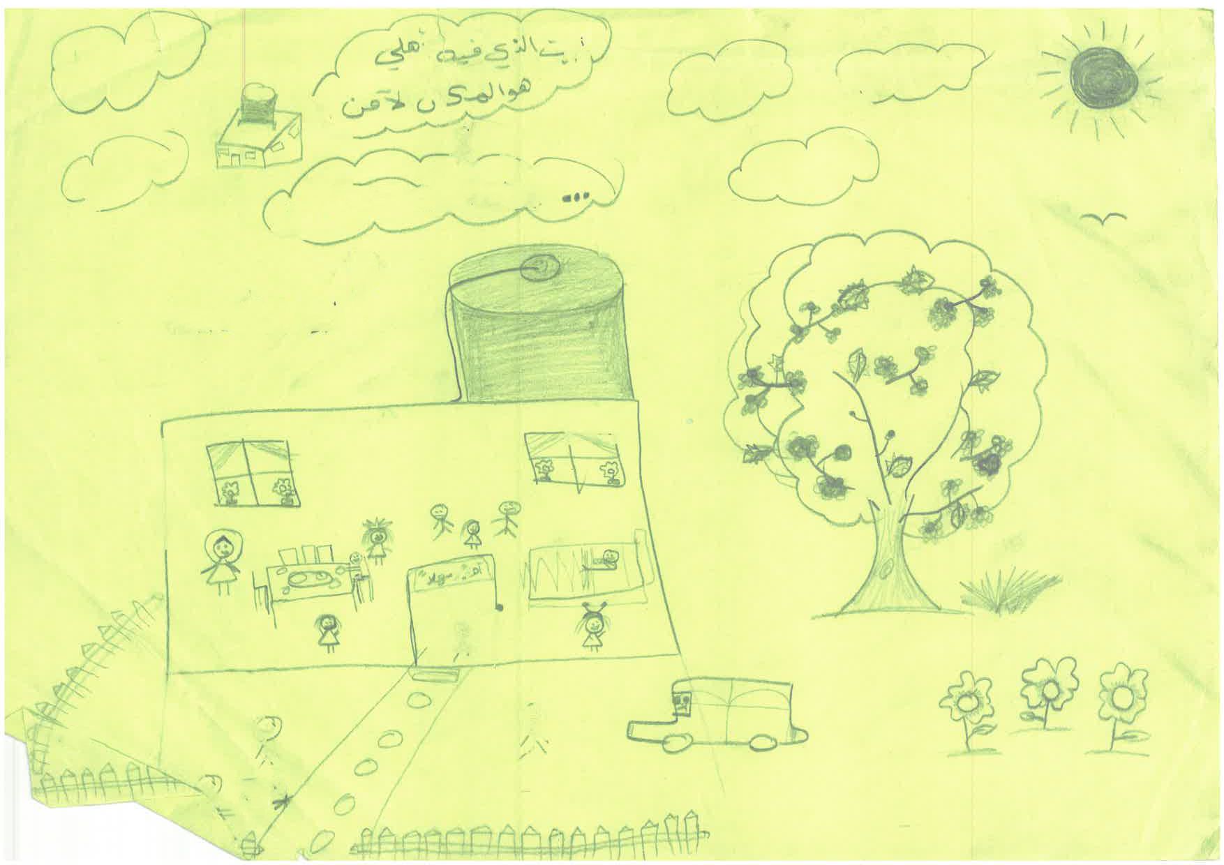 Drawing by a child in Gaza showing a home surrounded by trees and flowers 