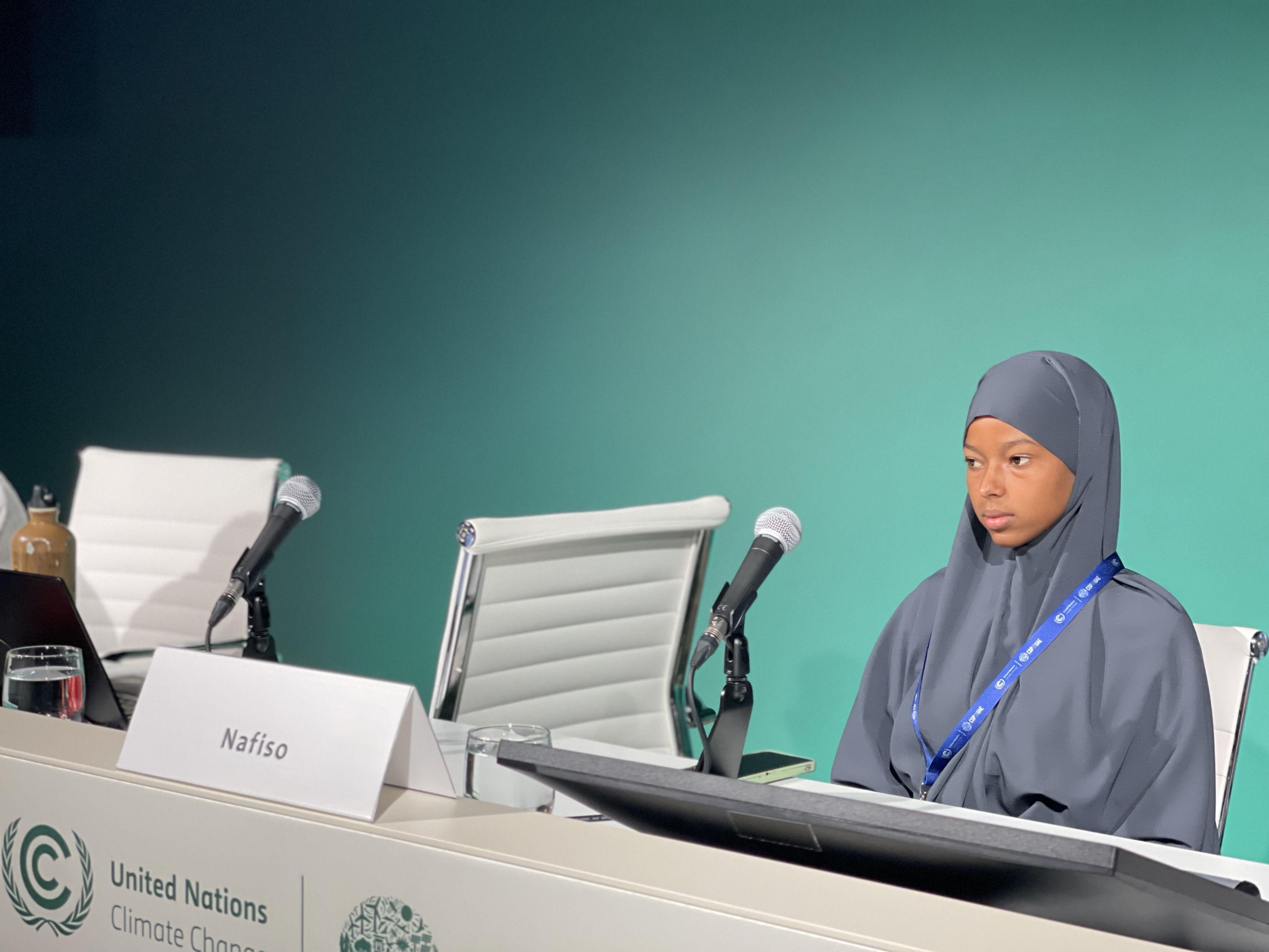 Nafiso, a climate child champion from Somalia, gave a speech during a panel discussion at COP 28, in Dubai, UAE.