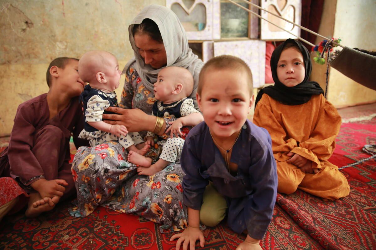 From Left to Right: Farhad* (8), Nahida* and Nadira (8 months), Sajida* (31), Fawad*(4) and Zahra*(10) at their house.