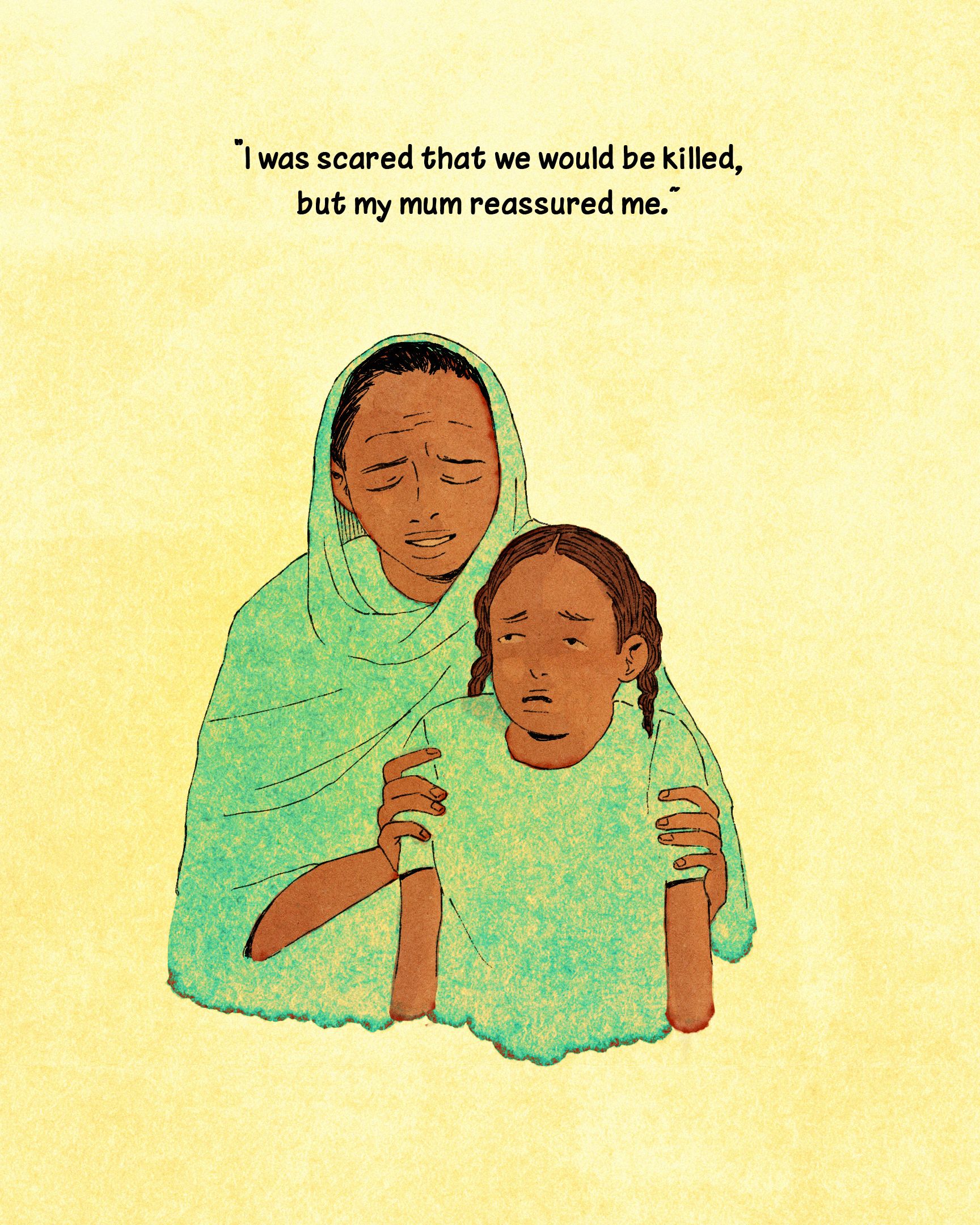 Fatima* is shown being comforted by her mother