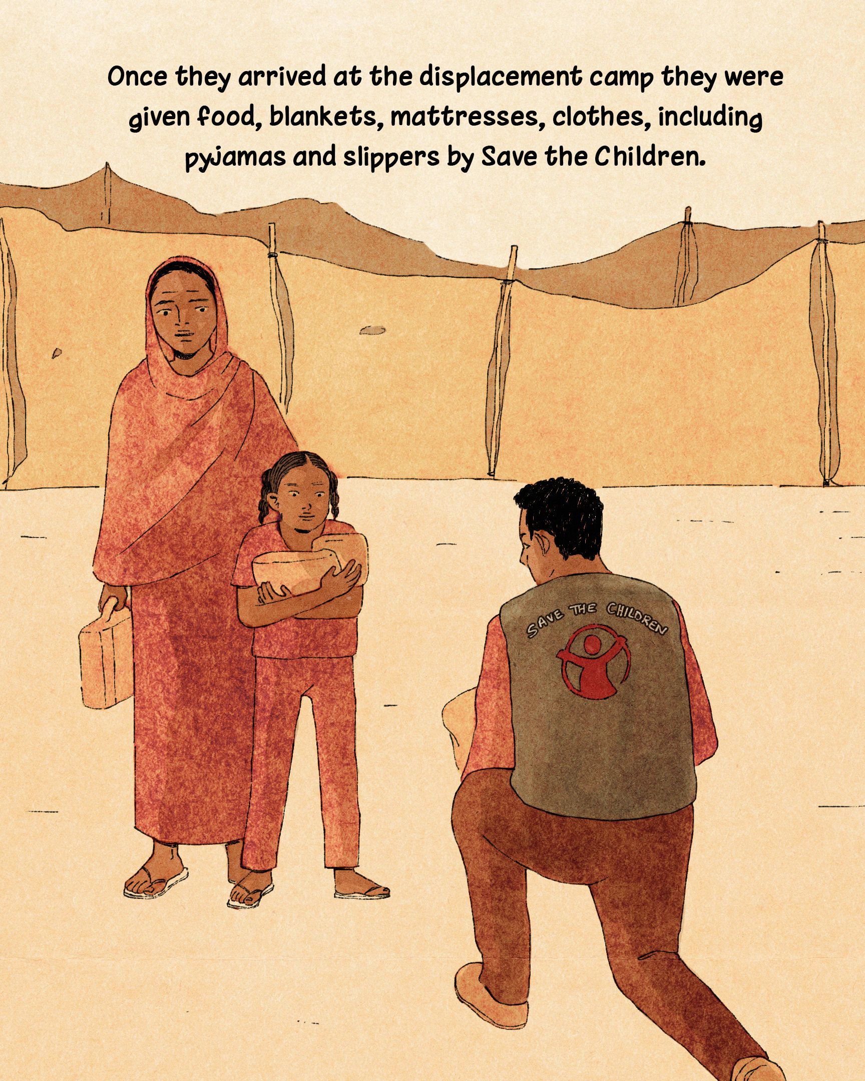 Fatima* and her mother are shown arriving at a displacement camp, with rows of tents in the background and a figure wearing a Save the Children jacket crouching in the foreground to welcome them