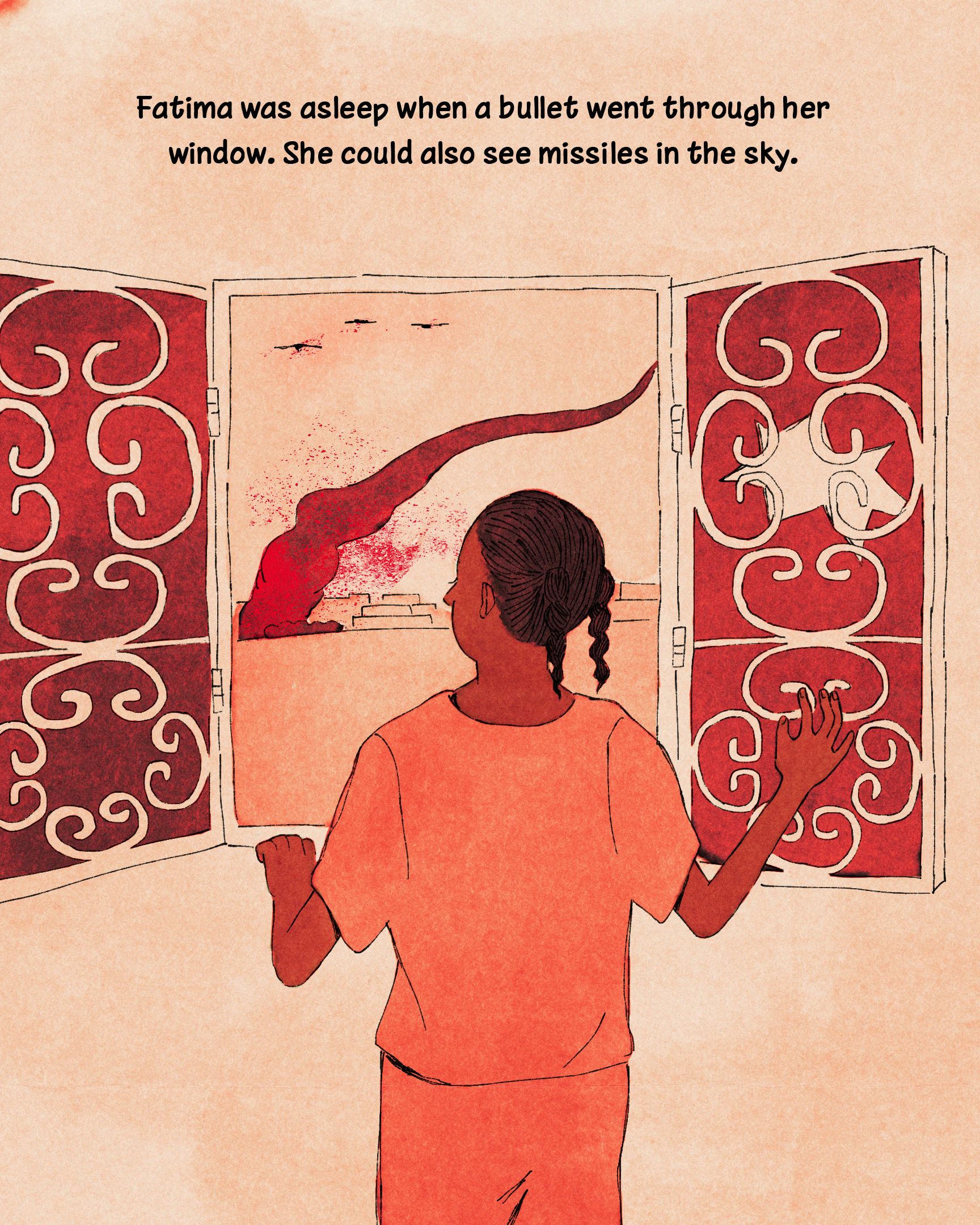 An illustration of a child in Sudan looking out the window of their home with explosions in the background