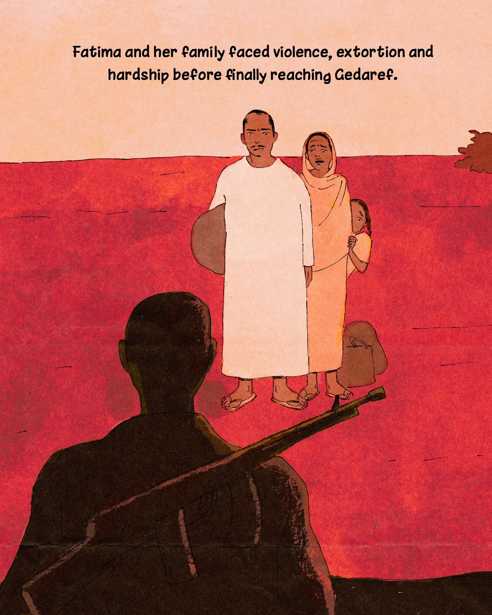 Fatima* is shown hiding behind her father and mother while a shadowy figure with a gun stands in the foreground