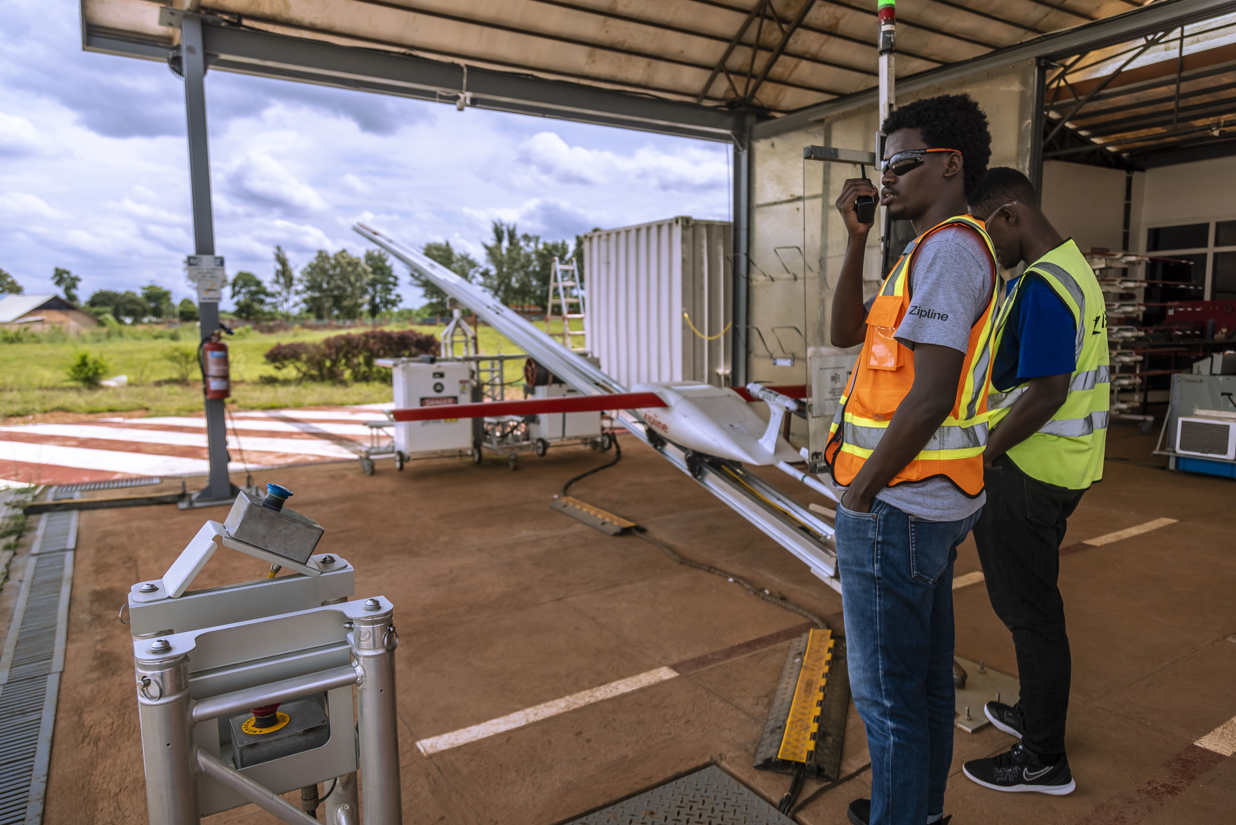 A drone packed with medical supplies and blood takes off at Zipline in Kayonza, Rwanda.