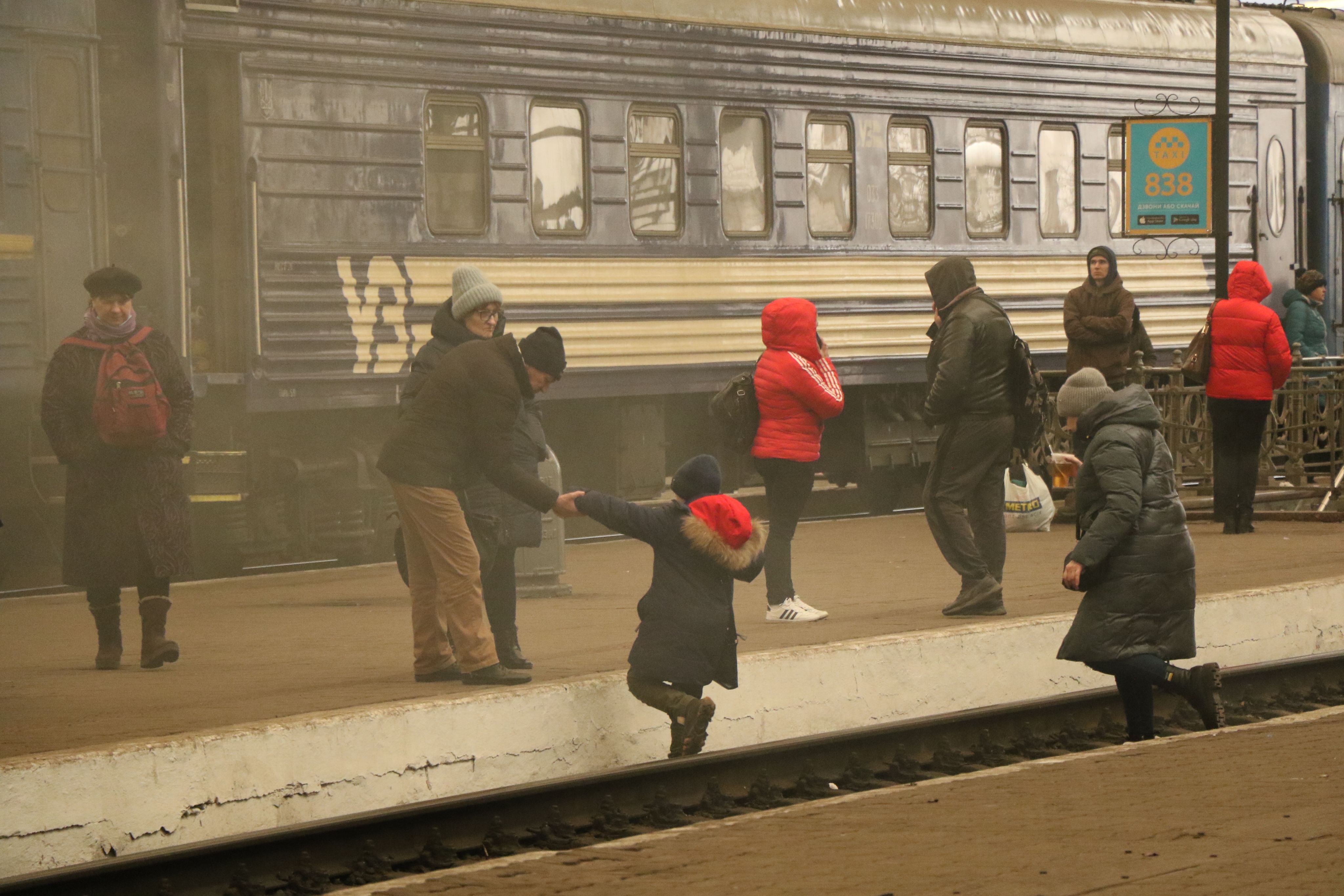 Families from Ukraine at the train station at Lviv.